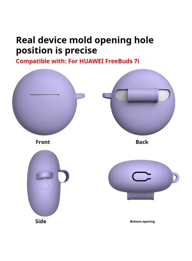 Silicone Case for Huawei FreeBuds 7i with Carabiner Hook, Shockproof Protective Cover, Solid Color (Lavender) - Image 5